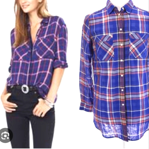 Express Tops - EXPRESS.. Blue and Pink Plaid TUNIC-SHIRT...SIZE:L